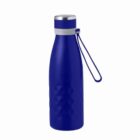 Blue reusable water bottle with a silver cap and a strap, on a white background.