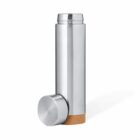 A stainless steel water bottle with a cork base and a detached lid.