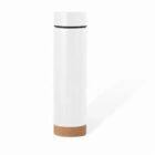 White cylindrical thermos with a cork base, standing upright on a white background.