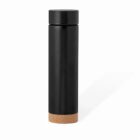 Tall black water bottle with a cork base and matching black lid, on a white background.