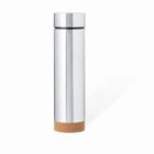 Silver stainless steel bottle with a cork bottom, standing upright on a white background.