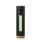 Black bottle with a cork bottom, green vertical stripe, and a black screw-on lid.