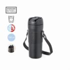 Black stainless steel travel mug with strap, 700 ml, double wall, hot/cold icons shown.