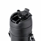 Black water bottle lid with a flip-up spout and carrying strap, shown against white background.