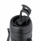 Black thermos lid with an open flip-top spout and carrying strap, viewed from above.