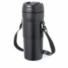 Black travel mug with a lid and a carrying strap, shown on a white background.