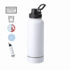 White stainless steel 1L water bottle with a black lid and double wall insulation icons.