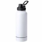 White water bottle with a black screw-on lid and handle, standing upright on a plain background.