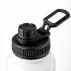 Clear water bottle with a black screw-on lid and a carrying handle against a white background.
