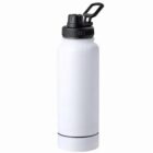 White reusable water bottle with black screw-on lid and handle, on a white background.