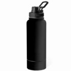 Black reusable water bottle with a screw-on lid and carrying handle, standing upright.