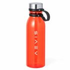 Red water bottle with a silver cap and black strap, labeled AVEIS vertically in white.