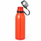 Red reusable water bottle with an open screw-on cap attached by a black strap.