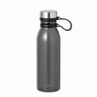 A translucent gray water bottle with a silver cap and black carrying loop.