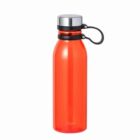 Red reusable water bottle with a silver cap and a black carrying loop, on a white background.