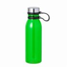 Green reusable water bottle with a silver cap and a black carrying loop, on a white background.