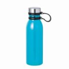 Blue reusable water bottle with a silver cap and black strap, on a white background.