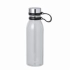 Clear plastic water bottle with a silver screw cap and a black loop handle.