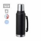 Black stainless steel thermos flask with handle, 1 liter, suitable for hot or cold drinks.