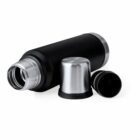 Black thermos flask with a silver cap and a detachable black lid, both removed.