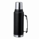 A black and silver thermos flask with a handle against a white background.