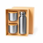 Gift box with two metal jars with wooden lids and a metal water bottle.