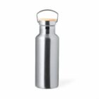 Silver metal water bottle with a wooden lid and handle, on a white background.