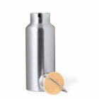 Silver metal water bottle with a wooden lid placed beside it on a white background.