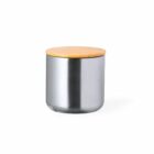 A metal container with a wooden lid on a white background.