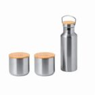 Two metal jars and a bottle with wooden lids on a white background.