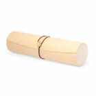 Rolled beige leather pencil case secured with a brown string and button closure.