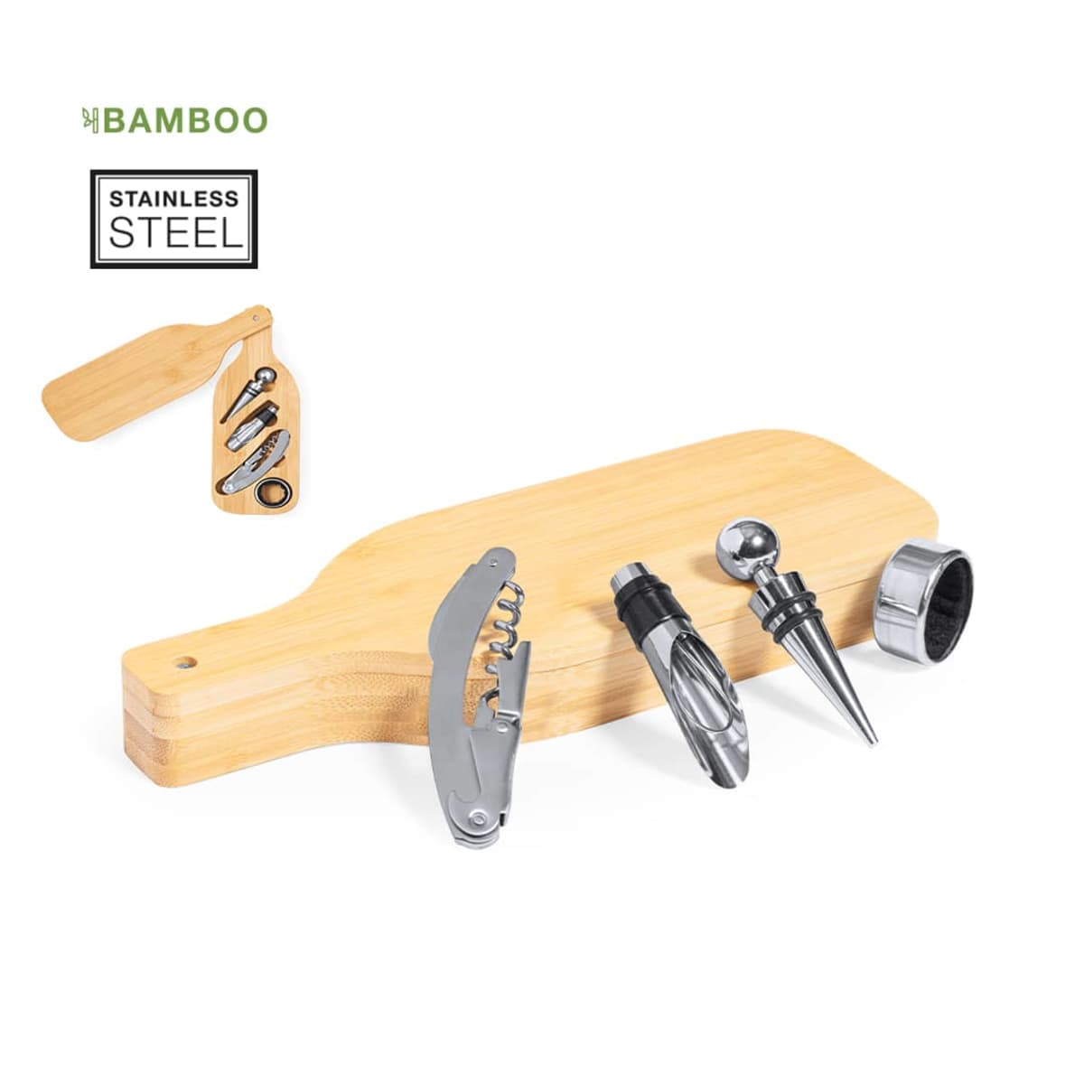 Bamboo cheese board with stainless steel wine tools, including corkscrew and stopper.