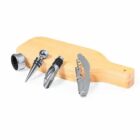 Wine bottle-shaped wooden box with wine opener, stopper, pourer, and drip ring displayed.