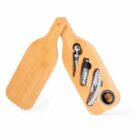 Wooden wine bottle box open to show wine tools: corkscrew, stopper, pourer, foil cutter.