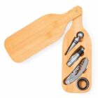 Wooden wine bottle-shaped box open to show wine accessories inside: stopper, opener, and more.