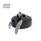 Stainless steel wine set with corkscrew, stopper, and ring on a black case.