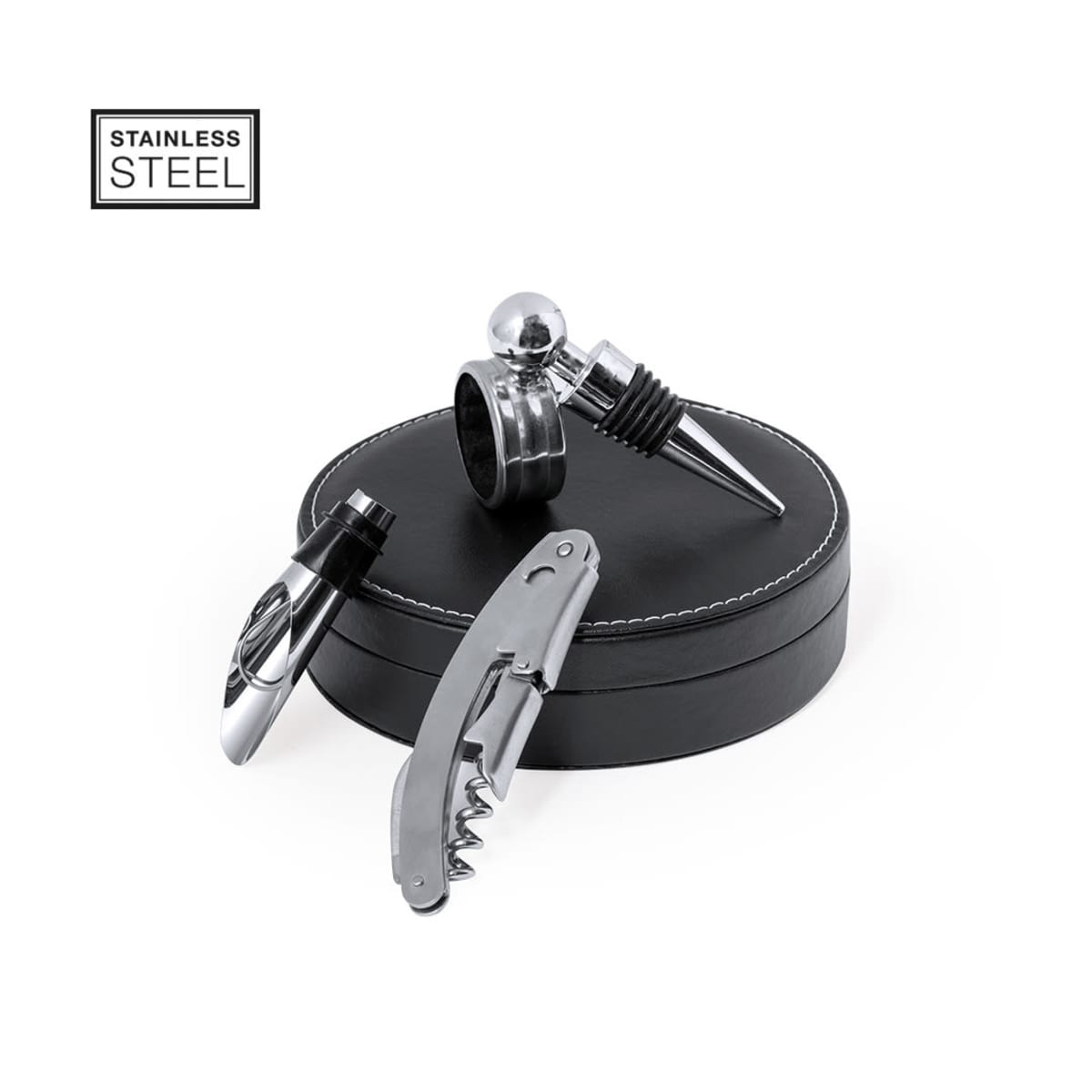 Stainless steel wine set with corkscrew, stopper, and ring on a black case.