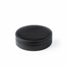 Round black leather box with white stitching, placed on a white background.