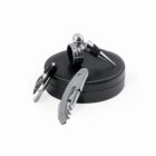 Wine accessory set with a corkscrew, stopper, foil cutter, and drip ring on a black case.