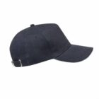 Black baseball cap with adjustable strap viewed from the side on a white background.