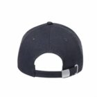 Back view of a black baseball cap with adjustable strap and metal buckle.