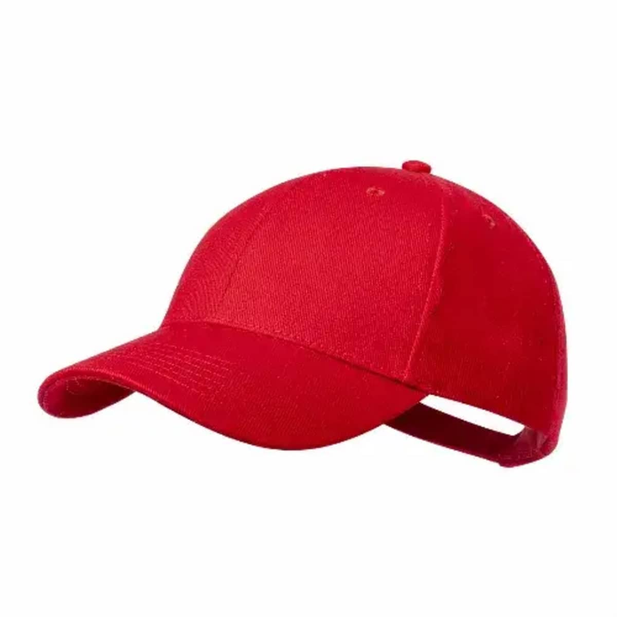 A plain red baseball cap with a curved brim and adjustable back strap.