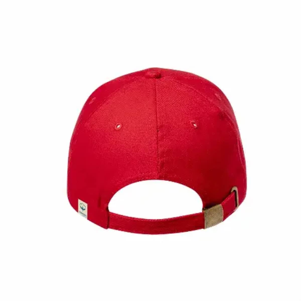 Red baseball cap viewed from the back with an adjustable strap and a metal buckle.