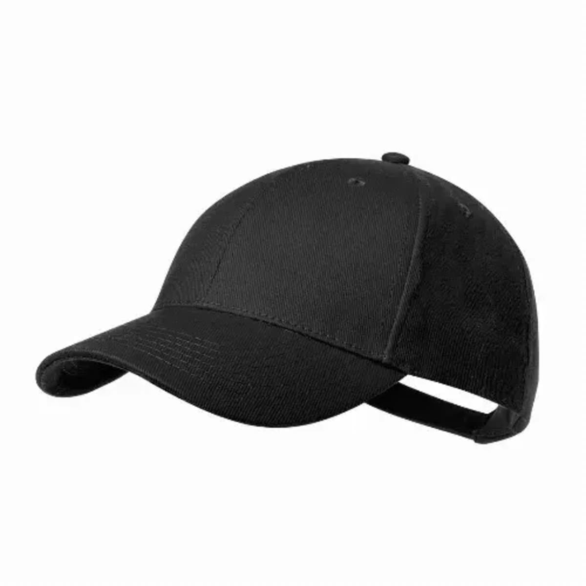 A plain black baseball cap with a curved brim and adjustable strap.