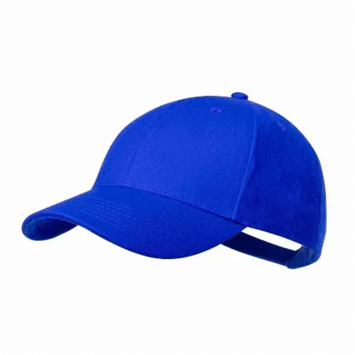 A plain blue baseball cap with a curved brim and adjustable strap.