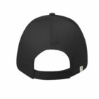 Back view of a black baseball cap with an adjustable strap and small tag on the side.