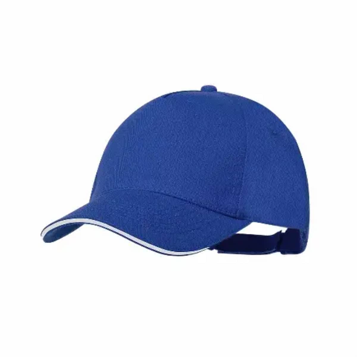 A plain blue baseball cap with a curved brim and an adjustable strap at the back.