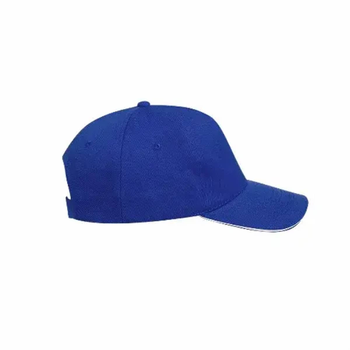 A plain blue baseball cap shown from the side on a white background.