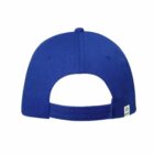 Back view of a blue baseball cap with an adjustable strap.
