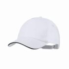 White baseball cap with a curved brim and adjustable strap, on a plain white background.